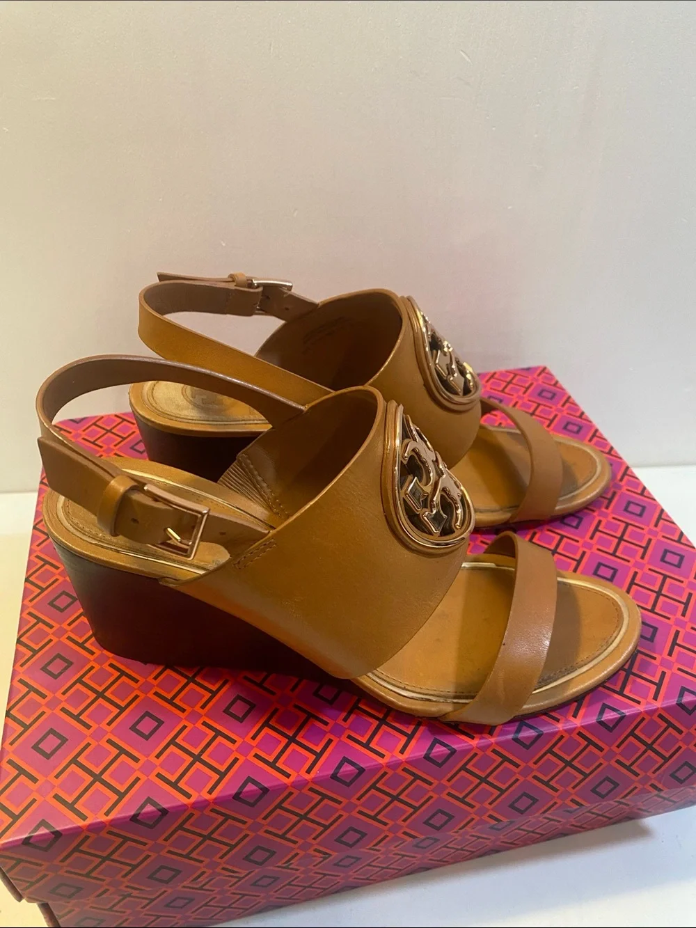 Tory Burch Cognac Leather Logo Sligback Wedge Sandals Sz 7